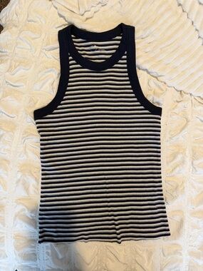 aerie Navy and White Striped Ribbed Tank Top